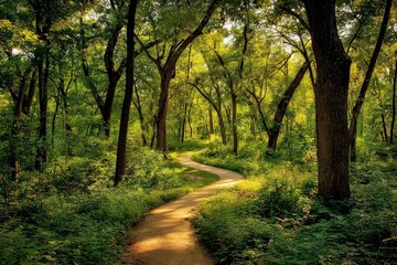 Fototapeta premium Sunlit Forest Path Winding Through Lush Green Trees