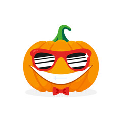 Smiling pumpkin in a bow tie and sunglasses. Hipster pumpkin icon. Vector illustration