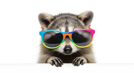 A playful raccoon wearing colorful sunglasses, peeking over a white surface, exuding charm and fun
