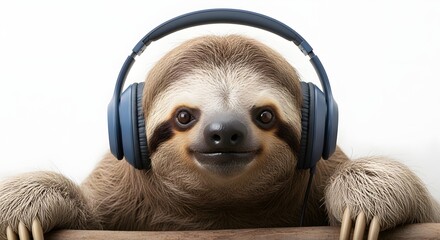 A cheerful sloth wearing blue headphones, enjoying music while hanging on a wooden branch