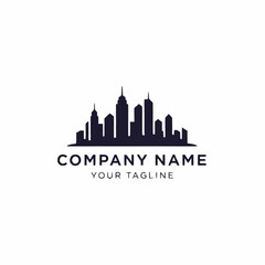 Obraz premium Silhouette of a city skyline with various skyscrapers, used as a logo or graphic element, with space for company name and tagline.
