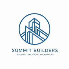 A minimalist logo design featuring a stylized building within a circular frame, representing construction.