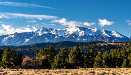 Scenic landscape showcasing snow-capped mountains under a vibrant blue sky, with lush evergreen forests and grassy foreground
