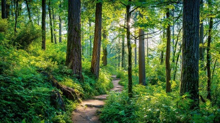 Obraz premium Sunlight Path Through Lush Forest Trail