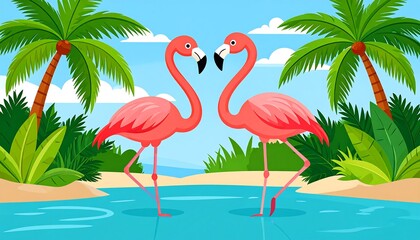 Obraz premium Flamingos in Tropical Lagoon with Palm Trees bird birds