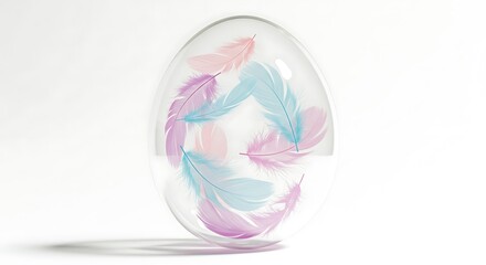 Clear Glass Egg Filled with Soft Pastel Feathers – Delicate Purity Concept