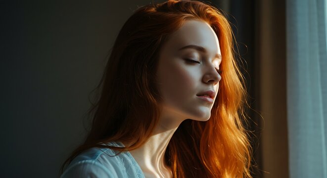 Young woman with vibrant red hair poses near window natural light portrait