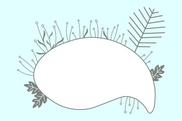 Creative cloud under  text, speech bubble. Rounded white frame, tree, leaves and grass. Late autumn flowers. One icon isolated on  blue background. Flat vector design. Blue and gray color.