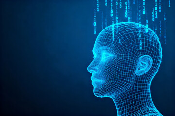 Digital human head with binary code streaming down, representing artificial intelligence and data processing.