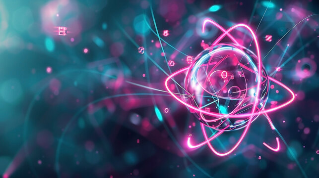 Futuristic atom model with glowing pink and blue energy trails and digital data stream - Powered by Adobe