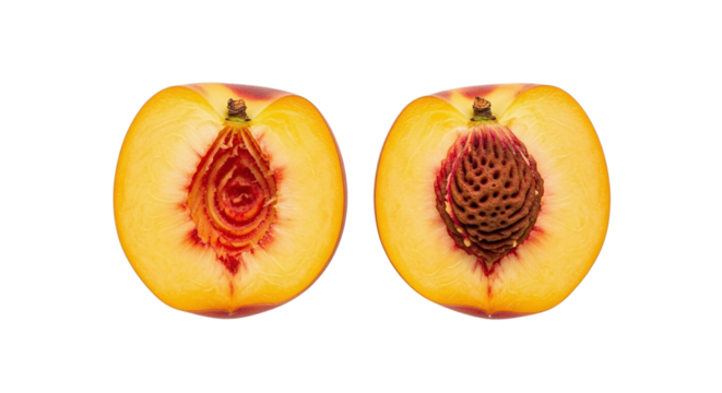 Two halves of a ripe peach isolated on transparent background, one with the pit removed, showcasing the juicy flesh and vibrant colors of the fruit