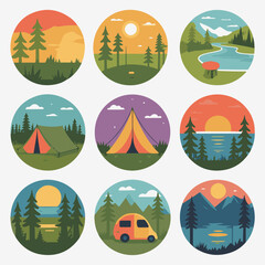 Flat Design Circular Icons of Camping, Nature Landscapes, and Sunset Views