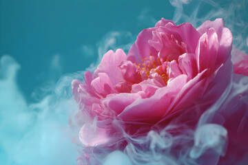 Fototapeta premium A vibrant pink peony flower emerges from a cloud of white and blue ink, creating a dramatic and artistic underwater composition