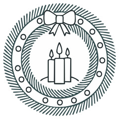 Obraz premium Minimalist Christmas Advent wreath with three lit candles and bow. Holiday line art vector illustration.