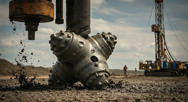 Heavy machinery drilling operation with close up view of drilling bit and rig