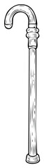 Cartoon illustration of a vintage walking cane. Hand-drawn style, black and white.