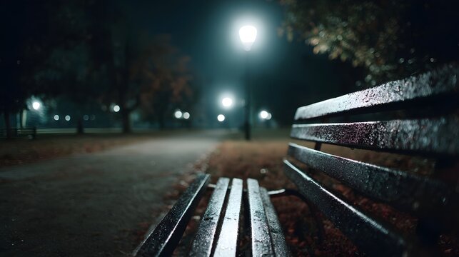 A solitary wet park bench rests in the soft atmospheric glow of a street lamp on a misty dark and quiet night evoking a sense of solitude - Powered by Adobe
