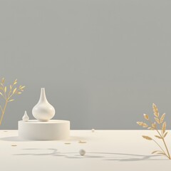 Minimalist Panoramic Scene with White Object and Gold Accents