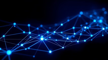 Abstract digital network visualization with glowing blue nodes and flowing connections on dark background.
