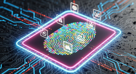 A digital fingerprint with security icons hovers over a circuit board, representing biometric authentication and cybersecurity measures
