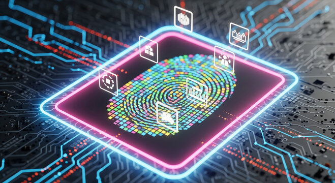 A digital fingerprint with security icons hovers over a circuit board, representing biometric authentication and cybersecurity measures - Powered by Adobe
