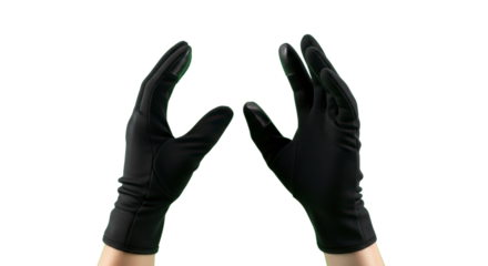 Hands wearing sleek black gloves, perfect for touch screen use, offering protection and style, ideal for technology, design, and modern concepts