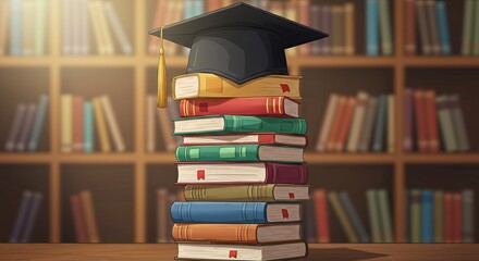 A stack of colorful academic books topped with a black graduation cap, set against a blurred background of library bookshelves, symbolizing education and achievement.