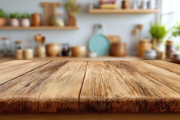 Rustic Wooden Table Top Over Blurry Kitchen