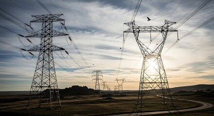Power Lines Stretching Across a Vast Landscape at Sunset.