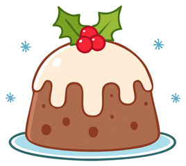 Festive Holiday Pudding Topped with Holly Berries and Leaves Winter Illustration