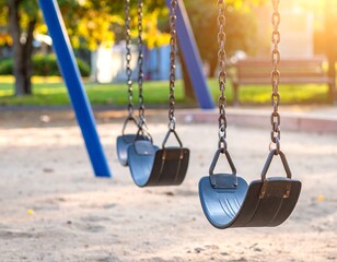 Empty swings in a park at sunset