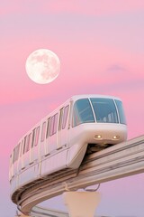 Futuristic monorail train gliding effortlessly on elevated tracks at sunset with a full moon backdrop