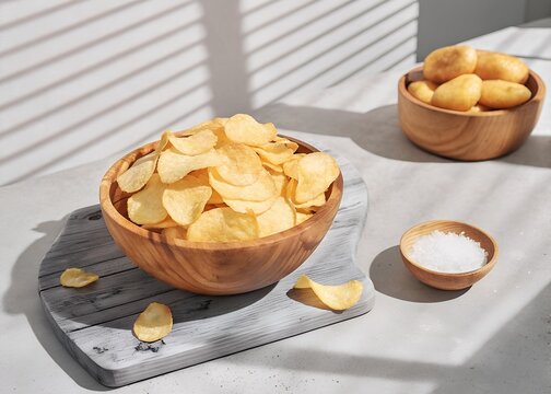 Crispy potato chips in wooden bowls with salt and shadows