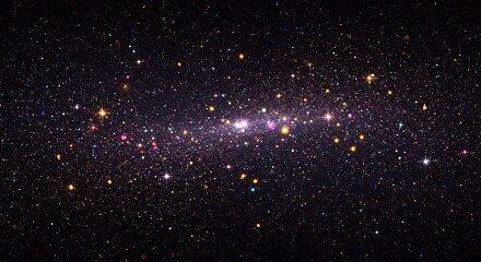 A vibrant, wide-screen digital illustration of a dense galaxy or starfield with colorful, sparkling stars against the blackness of deep space.