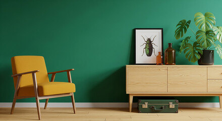 Stylish living room interior with a yellow armchair, wooden cabinet, and green wall, creating a cozy and inviting atmosphere with vintage charm