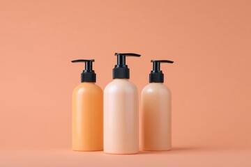 cosmetic bottles with black pumps are displayed against a peach background, creating a minimalist and clean aesthetic