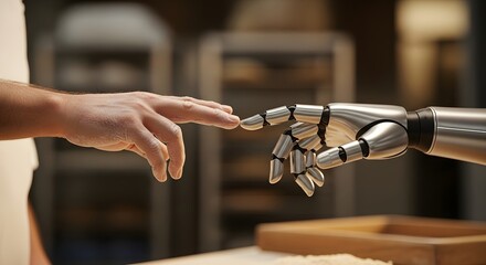 Human and robotic hand reaching towards each other in a kitchen setting, showcasing collaboration in baking