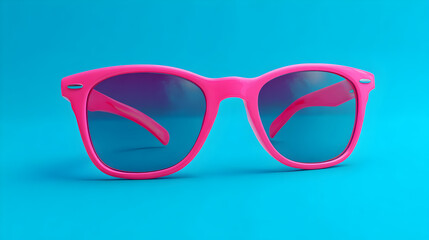 A vibrant pink pair of sunglasses with purple lenses rests on a bright blue background, evoking a sense of summer fun and style
