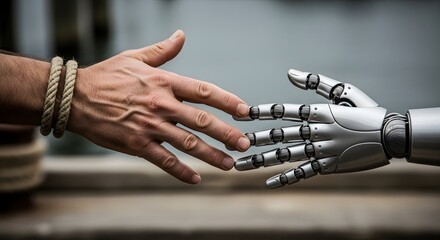 Human and robotic hand reaching out to each other at a serene waterfront, symbolizing connection and technology