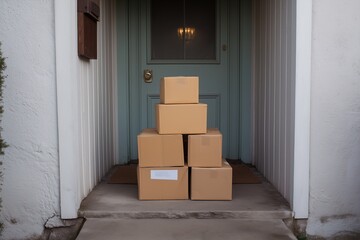 Delivery of cardboard boxes stacked on a doorstep