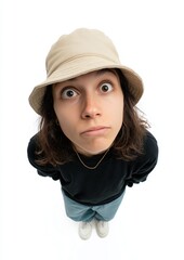 Young woman in a beige bucket hat looking up at the camera