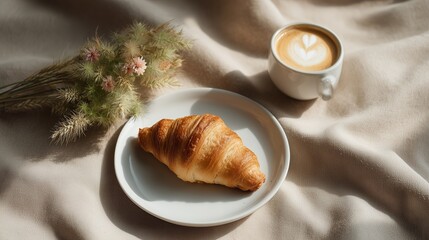 Breakfast scene with croissant, coffee, and flowers