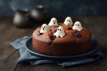 Halloween chocolate cake decorated with cute ghost candies on a wooden table