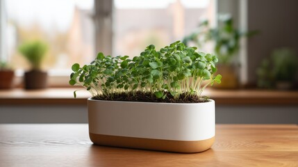 Microgreens growing in a modern white planter on a wooden table