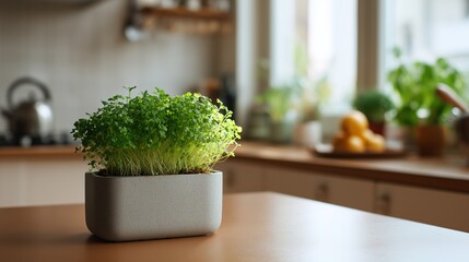 Microgreens growing in a modern white planter on a wooden table