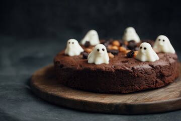 Halloween chocolate cake decorated with cute ghost candies on a wooden table