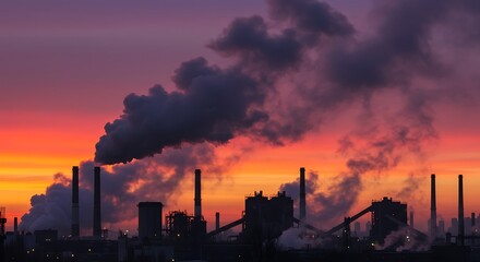Industrial landscape with smoke against a colorful sunset sky background