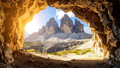 Cave opening to a mountain vista