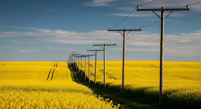 Power lines stretching across a vibrant yellow agricultural field.