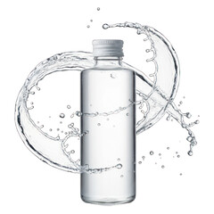 Clear water bottle surrounded by swirling water splashes